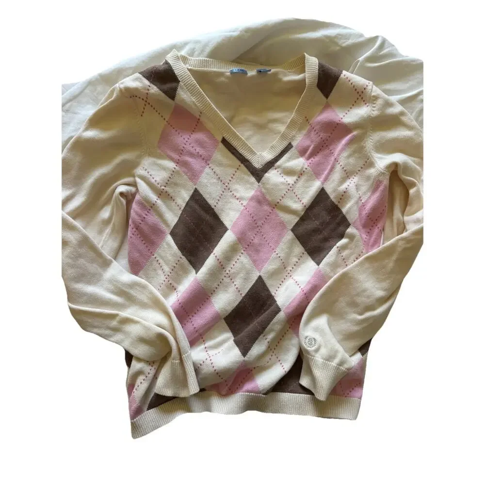 Vintage Y2K‎ Izod Argyle Golf Sweater Women's S V Neck Pink Brown Prep Summer